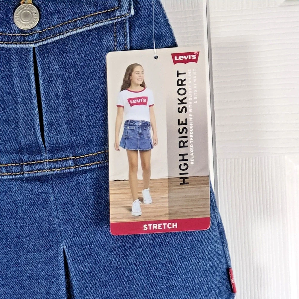 Levi's Girls High Rise Skort Size 14 Blue Denim Stretch Pleated A-Line Shorts NW